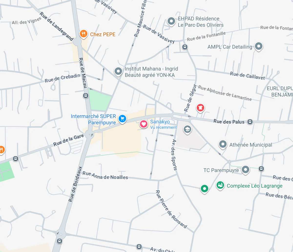 Plan Google Maps montrant l'emplacement de Sanakyo à Parempuyre